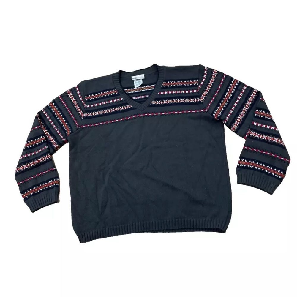 FADED GLORY Vintage Ugly Sweater Womens XL Fairisle Knit V-neck Gray Nordic XL